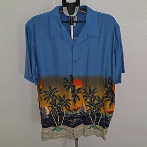 CHEROKEE WAIKIKI WEAR MEN XL 100% RAYON SHORT SLEEVE WITH BEACH SCENE ON THE HEM